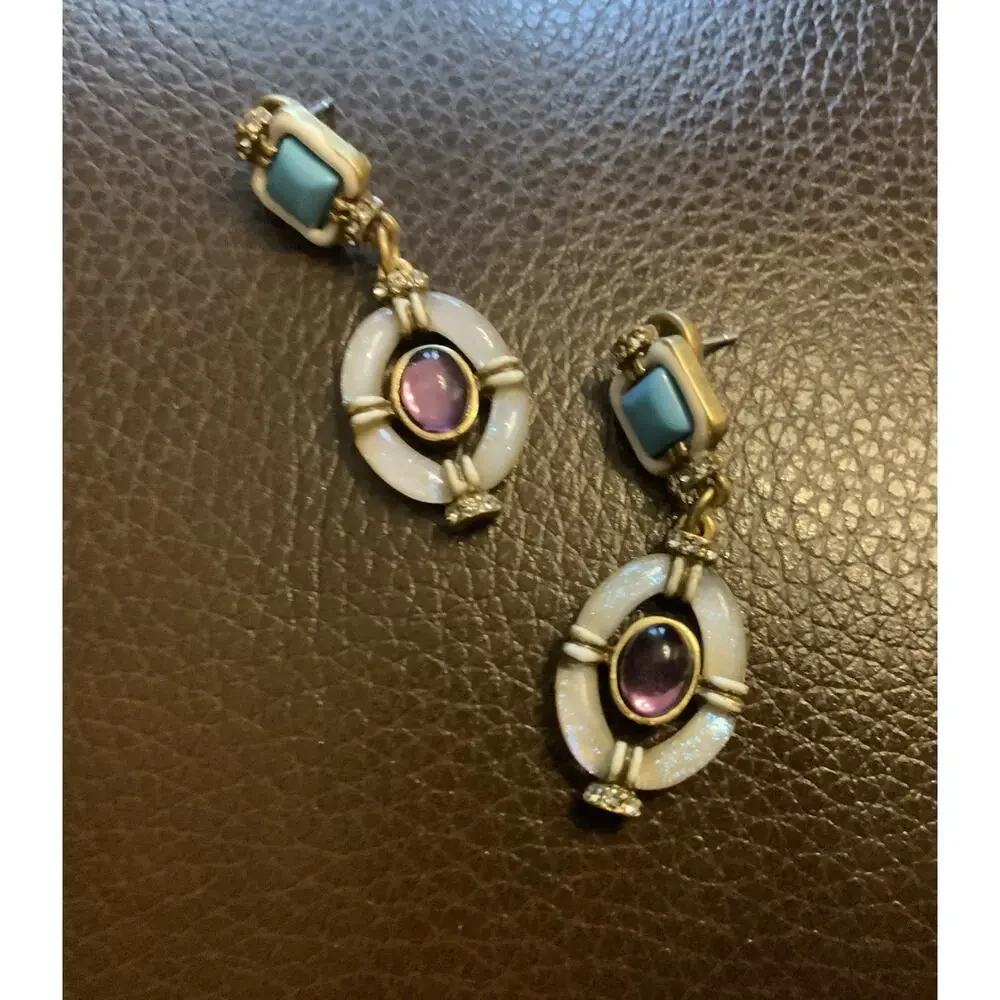 VTG Museum Antique Earrings Gold Turquoise Lucite Crystal Oval Court Amethyst